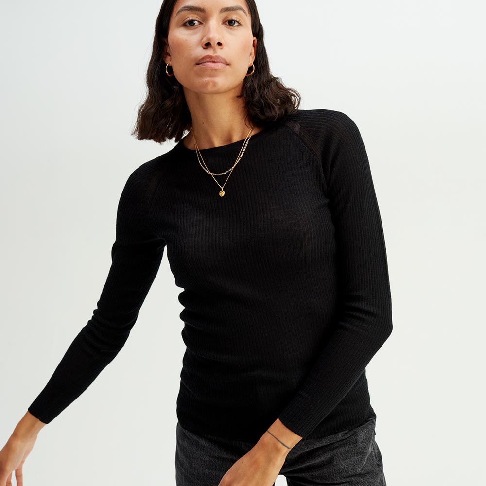 Långärmad Topp Merinoull, Black, hi-res